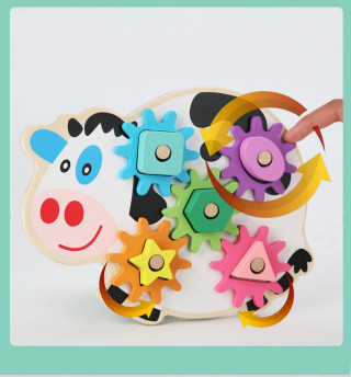 Drvena kravica - Dečija slagalica sa zupčanicima