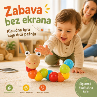 Drvena gusenica za decu – edukativna igračka za boje, motoriku i slaganje
