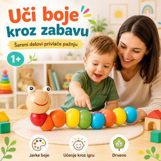 Drvena gusenica za decu – edukativna igračka za boje, motoriku i slaganje