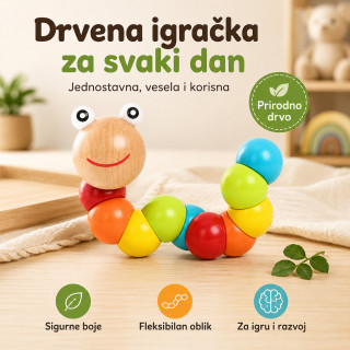 Drvena gusenica za decu – edukativna igračka za boje, motoriku i slaganje
