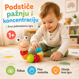 Drvena gusenica za decu – edukativna igračka za boje, motoriku i slaganje