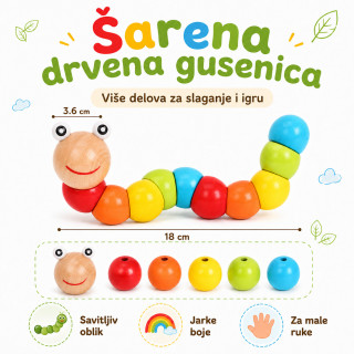 Drvena gusenica za decu – edukativna igračka za boje, motoriku i slaganje