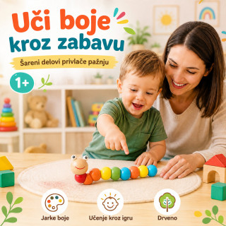 Drvena gusenica za decu – edukativna igračka za boje, motoriku i slaganje