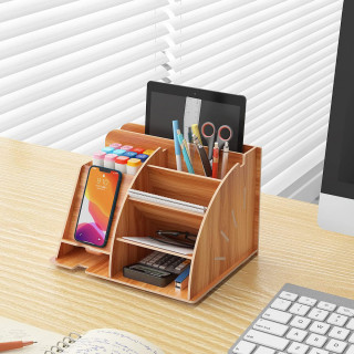 Brown Desk Organizer - Stoni organizer za odlaganje telefona i kancelarijskog pribora