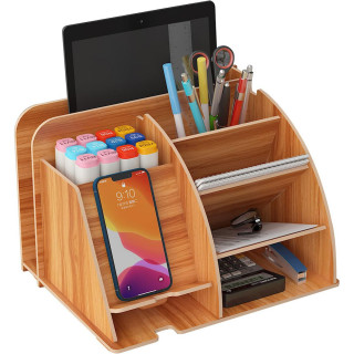 Brown Desk Organizer - Stoni organizer za odlaganje telefona i kancelarijskog pribora