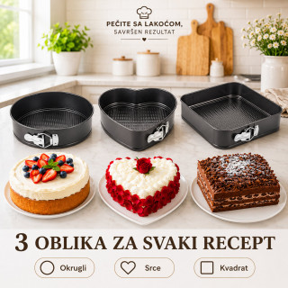 Set od 3 springform kalupa za torte i kolače – okrugli, kvadratni i srce