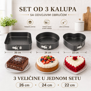Set od 3 springform kalupa za torte i kolače – okrugli, kvadratni i srce