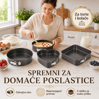 Set od 3 springform kalupa za torte i kolače – okrugli, kvadratni i srce