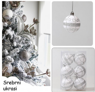Silver Glow - Set od 6 srebrnih ukrasnih kugli za jelku sa svetlucavim šarama