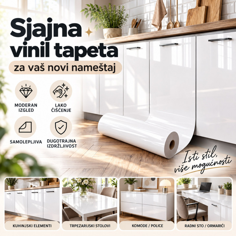 Sjajna vinil tapeta za nameštaj - Bela boja 2m rolna