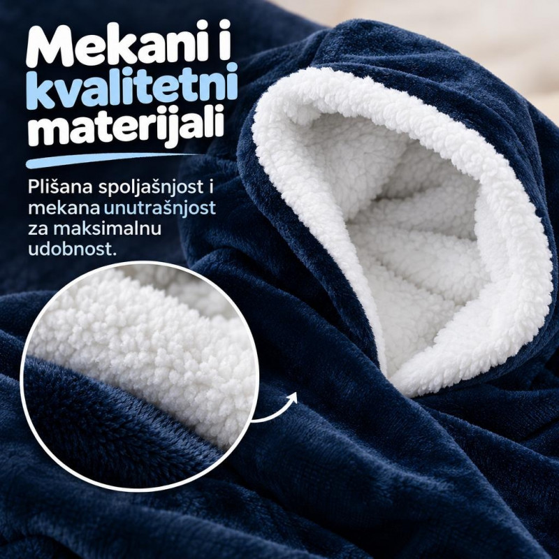 Duks Hoodie - Mekani plišani duks-ćebe sa kapuljačom - Teget