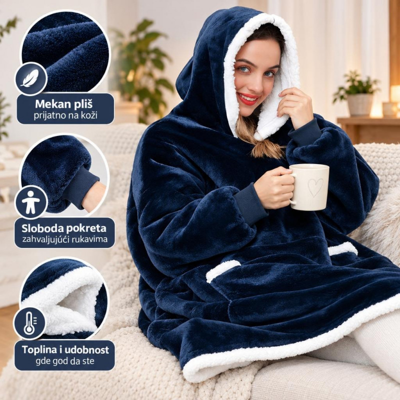 Duks Hoodie - Mekani plišani duks-ćebe sa kapuljačom - Teget