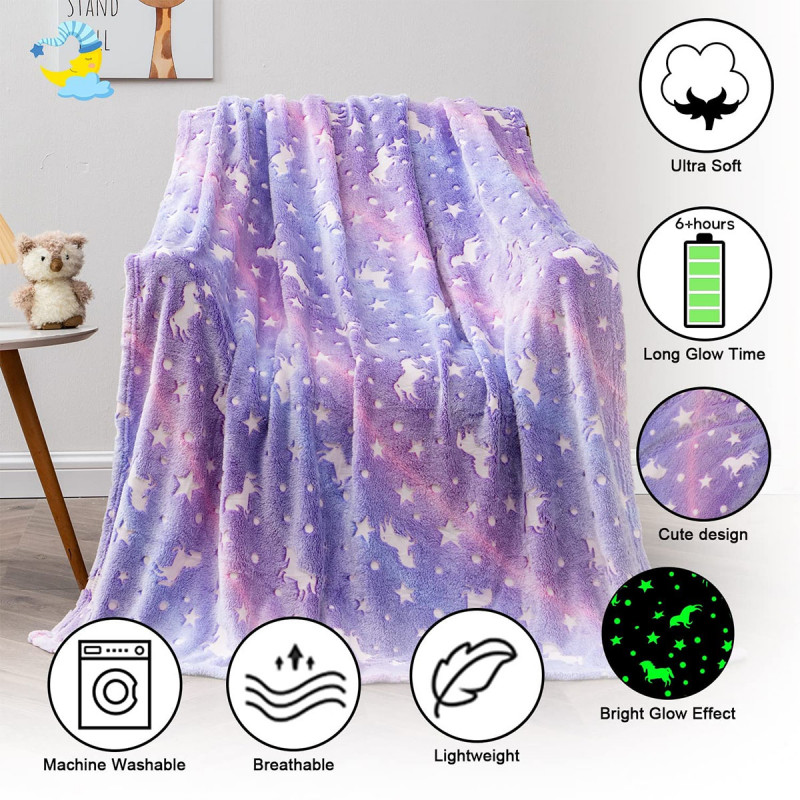Purple Unicorn Blanket  – Lila ćebe sa svetlećim jednorozima i zvezdama