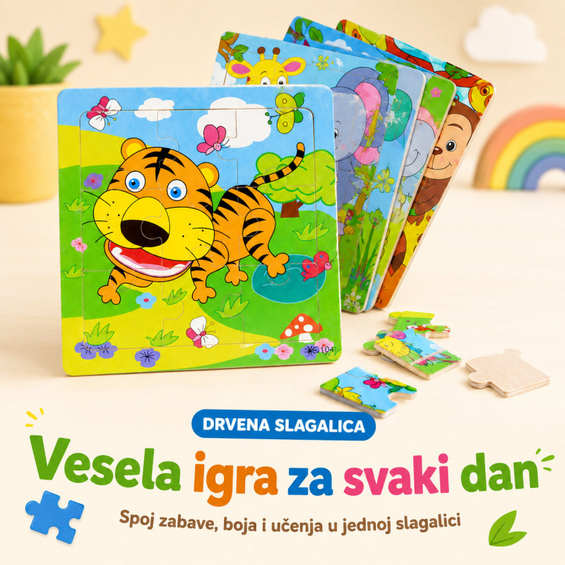 Drvena slagalica za decu sa životinjama – edukativne puzzle 9 delova