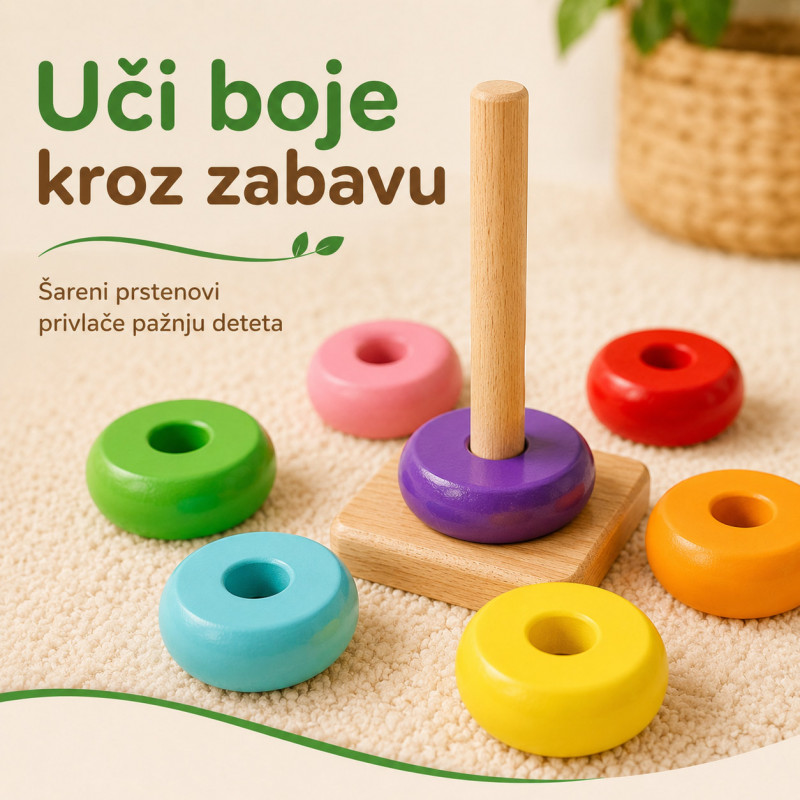 Dindolino drvena edukativna kula sa prstenovima za bebe i decu