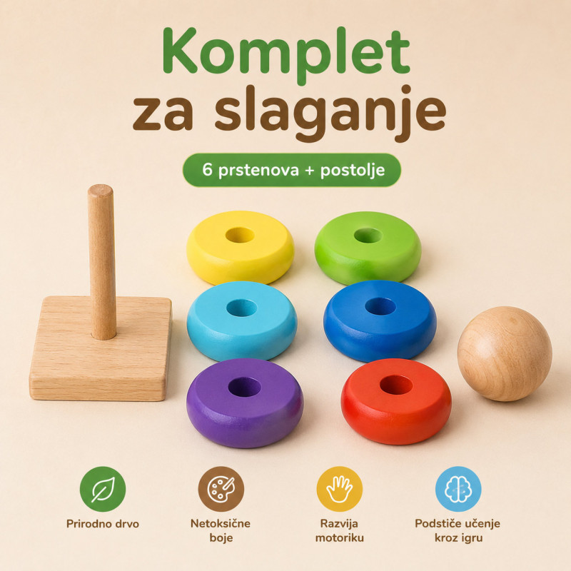 Dindolino drvena edukativna kula sa prstenovima za bebe i decu