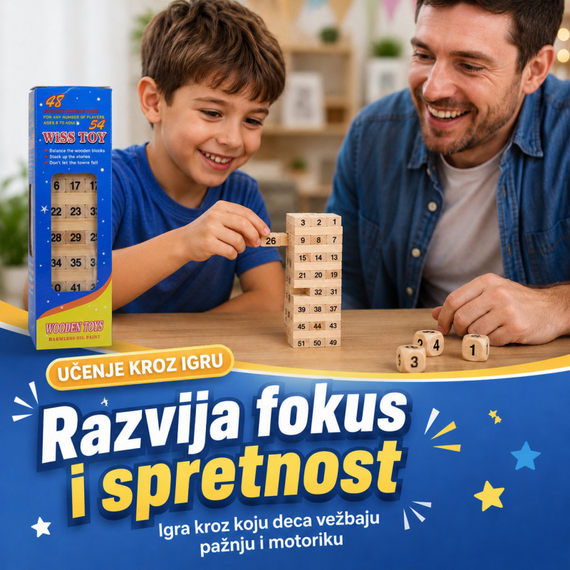 Drveni toranj Jenga igra sa brojevima i kockicama – porodična društvena igra