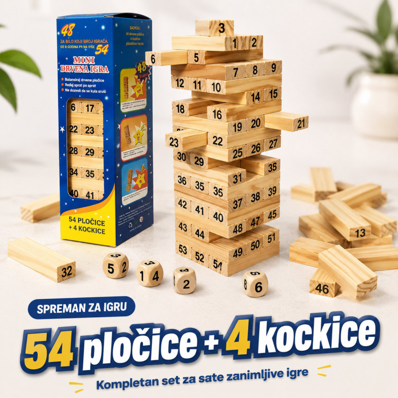 Drveni toranj Jenga igra sa brojevima i kockicama – porodična društvena igra