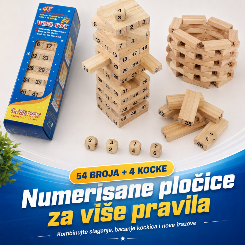 Drveni toranj Jenga igra sa brojevima i kockicama – porodična društvena igra