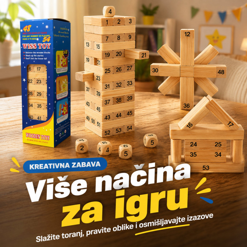 Drveni toranj Jenga igra sa brojevima i kockicama – porodična društvena igra