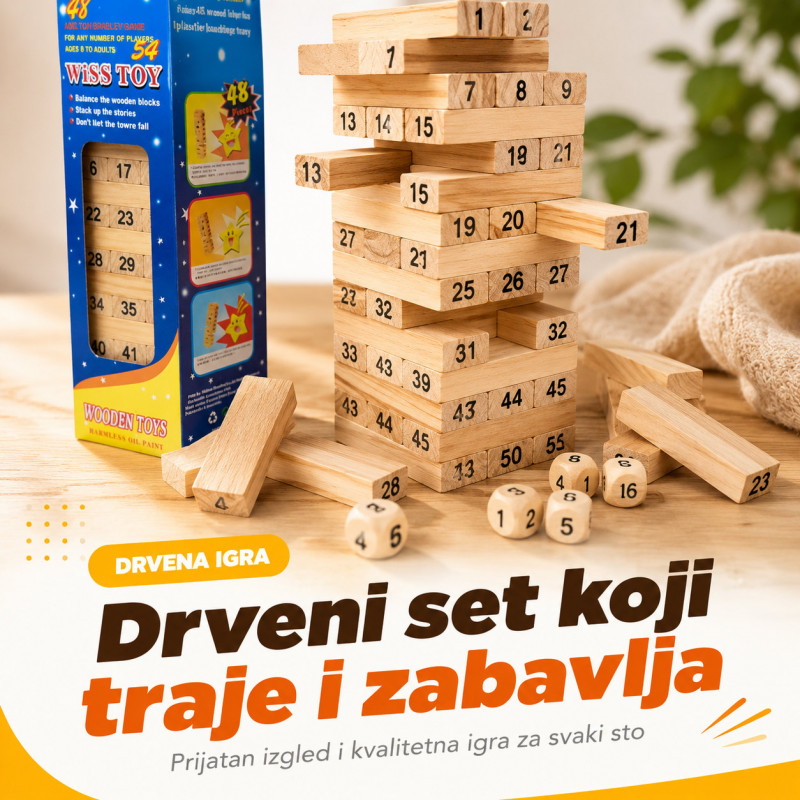 Drveni toranj Jenga igra sa brojevima i kockicama – porodična društvena igra