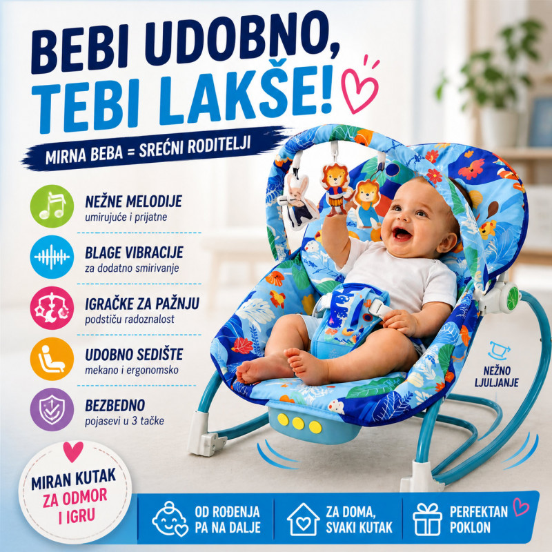Ljuljaška za bebe Blue Jungle Comfort – Umiruje, Ljulja i Zabavlja