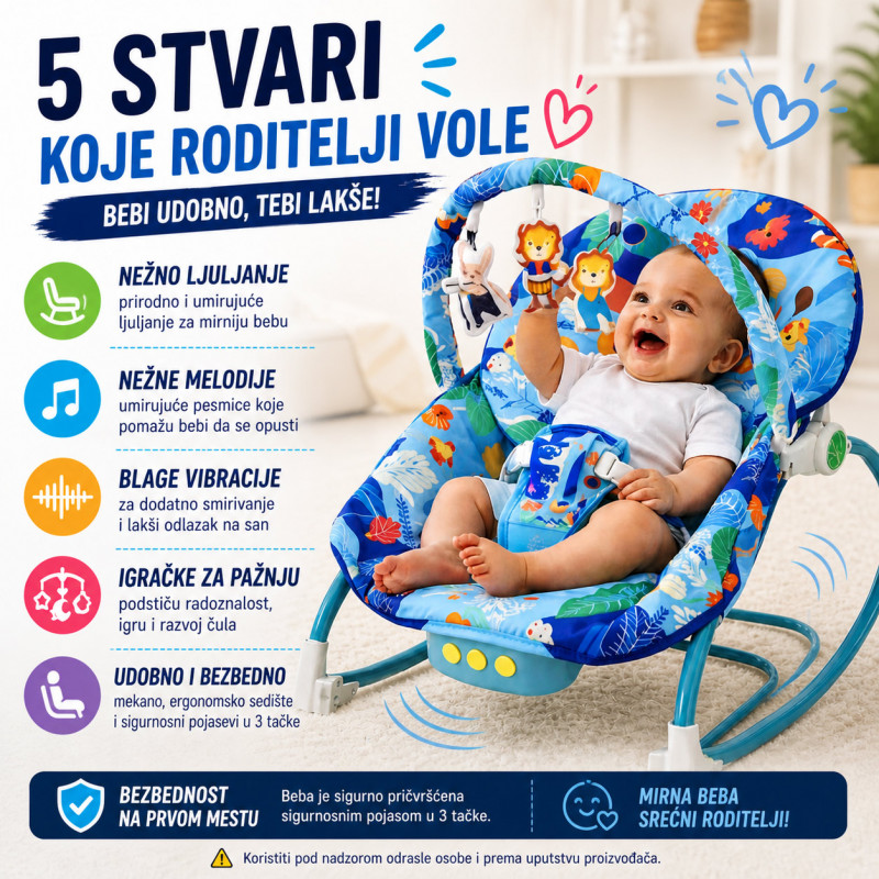 Ljuljaška za bebe Blue Jungle Comfort – Umiruje, Ljulja i Zabavlja