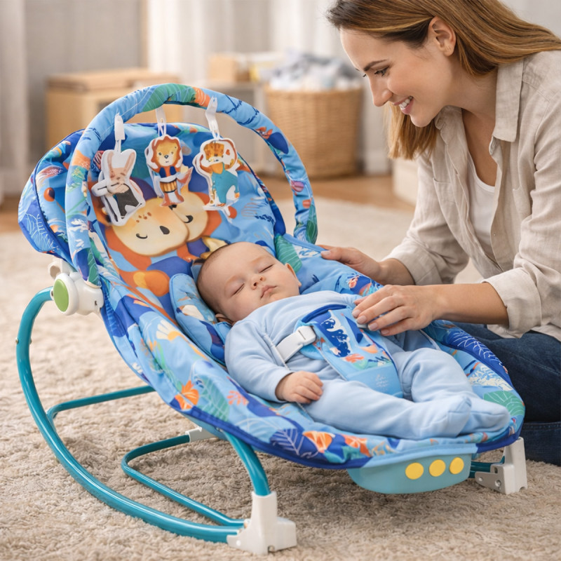 Blue Jungle Comfort Rocker - ležaljka ljuljalica za bebe plavih nijansi sa životinjama