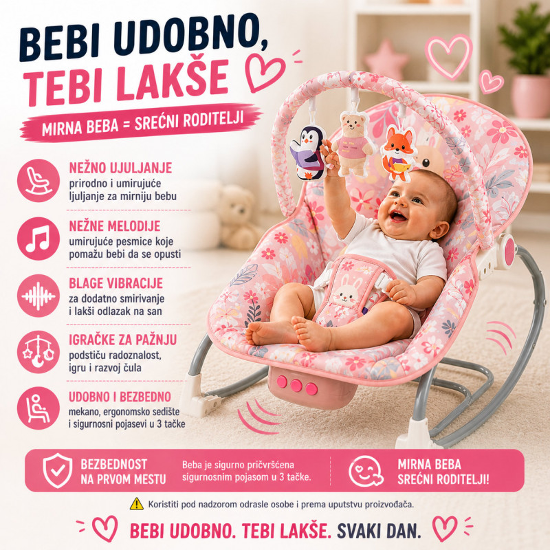 Roze ljuljaška za bebe Pink Jungle Comfort – Umiruje, Ljulja i Zabavlja