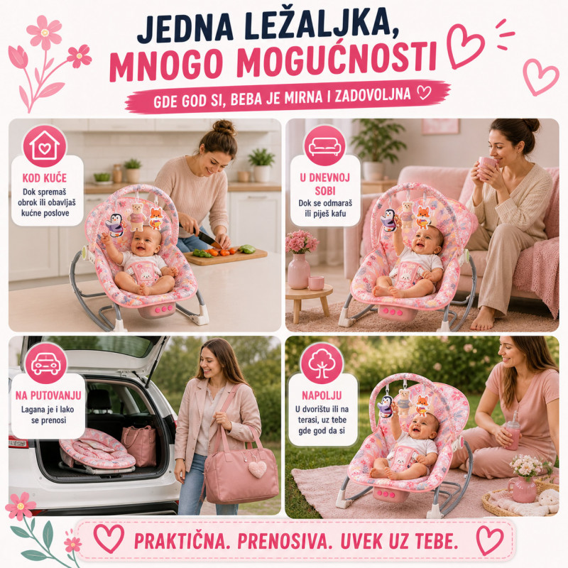 Roze ljuljaška za bebe Pink Jungle Comfort – Umiruje, Ljulja i Zabavlja