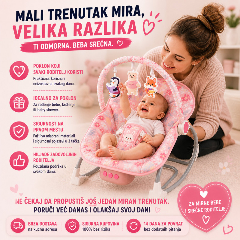 Roze ljuljaška za bebe Pink Jungle Comfort – Umiruje, Ljulja i Zabavlja