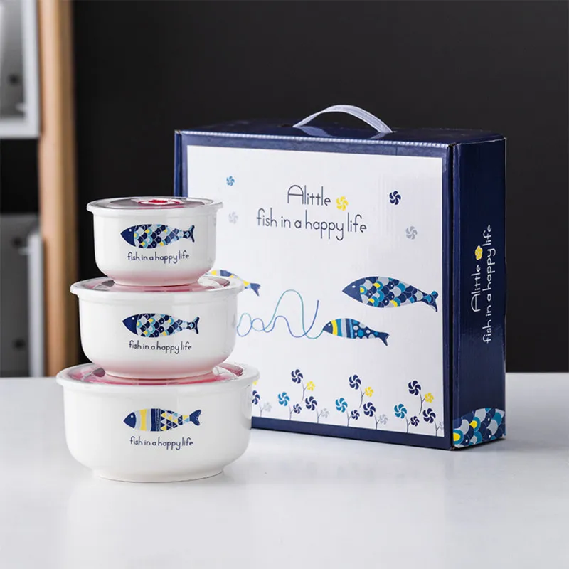 Set keramičkih činija sa poklopcem u poklon pakovanju - Happy Fish