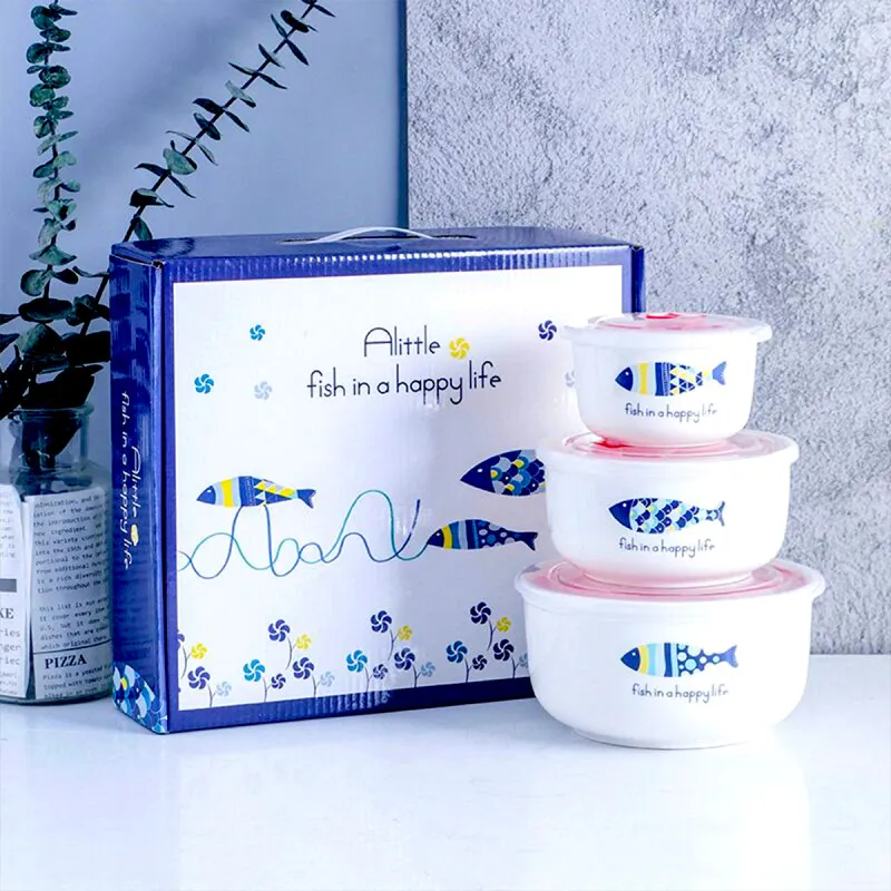 Set keramičkih činija sa poklopcem u poklon pakovanju - Happy Fish