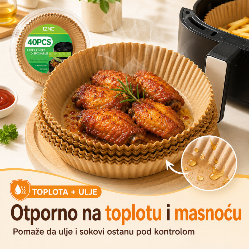 Papirne korpice Pek Papir za Air Fryer i tepsije – Manje ribanja posle pečenja, 40 komada