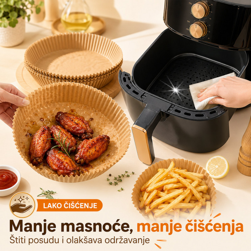 Papirne korpice Pek Papir za Air Fryer i tepsije – Manje ribanja posle pečenja, 40 komada