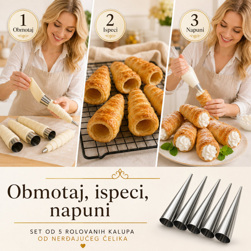 Set 5 kalupa za šam rolne, kanole i kornete – za domaća punjena peciva