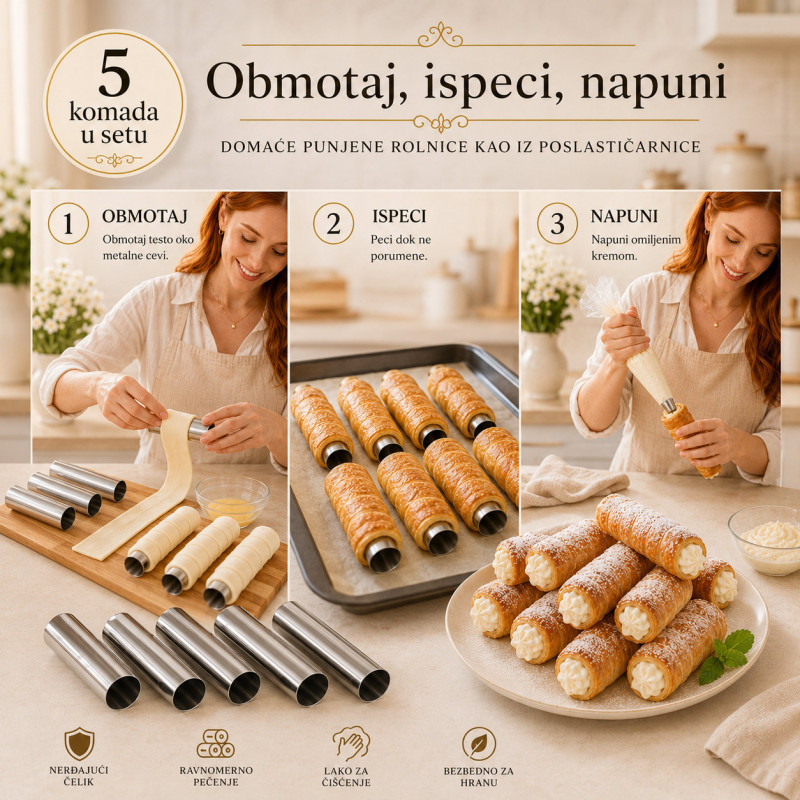 Set 5 cilindar kalupa za kanole i punjene rolnice – za slatka i slana peciva