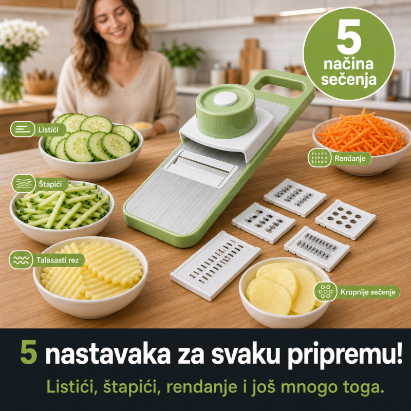 5u1 secko i rende za povrće – mandolina sa zamenljivim noževima i zaštitom za ruke