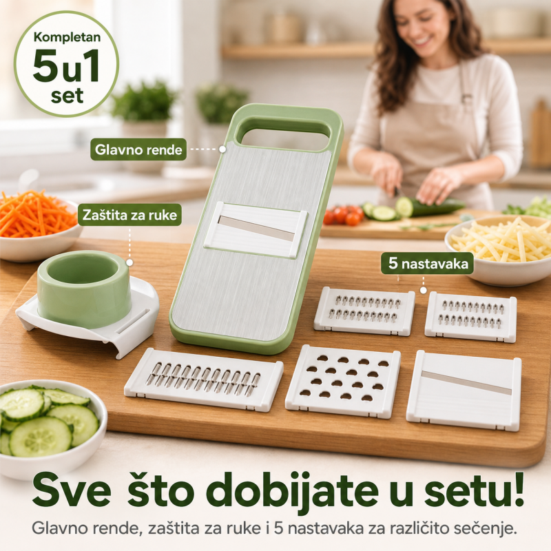 5u1 secko i rende za povrće – mandolina sa zamenljivim noževima i zaštitom za ruke