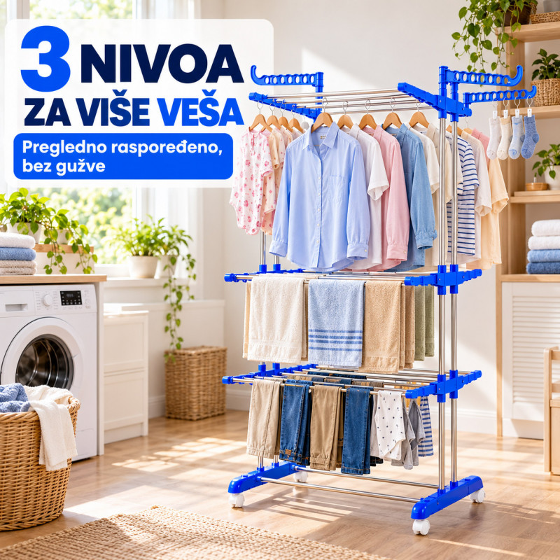 SpaceDry 3 - Velika sklopiva sušilica za veš na 3 nivoa sa točkićima