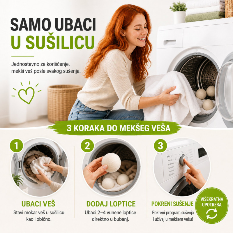 Set od 3 Vunene loptice za sušenje veša – mekši veš bez omekšivača