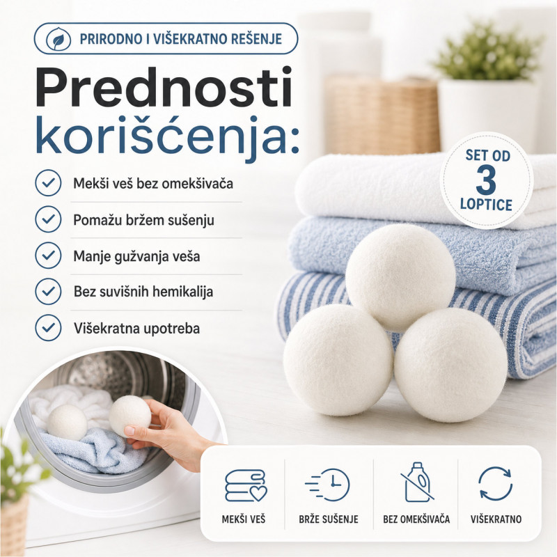 Set od 3 Vunene loptice za sušenje veša – mekši veš bez omekšivača