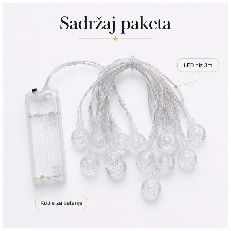 Šarene LED kuglice 3m na baterije – dekorativne lampice za terasu, balkon i baštu