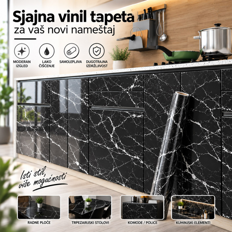 Sjajna vinil tapeta za nameštaj -  Crni mermer dezen 2m rolna
