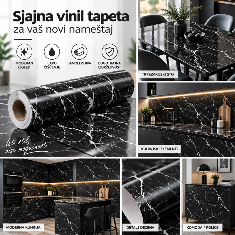 Sjajna vinil tapeta za nameštaj -  Crni mermer dezen 2m rolna