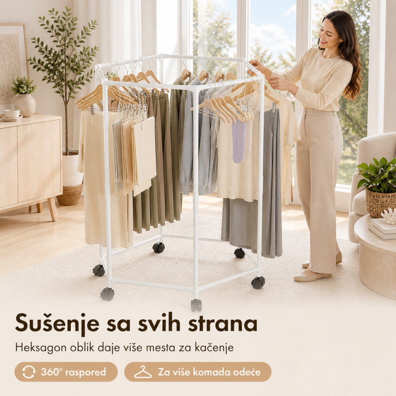 Pokretni stalak za odeću i sušenje – Beli heksagon organizer na točkićima