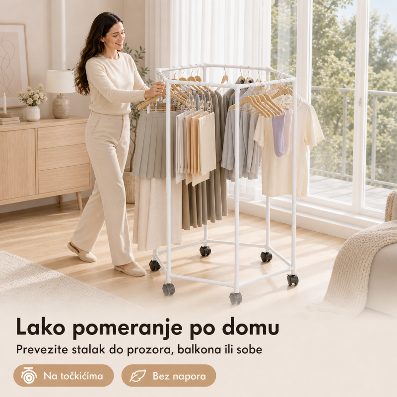 Pokretni stalak za odeću i sušenje – Beli heksagon organizer na točkićima