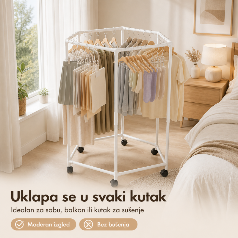 Pokretni stalak za odeću i sušenje – Beli heksagon organizer na točkićima