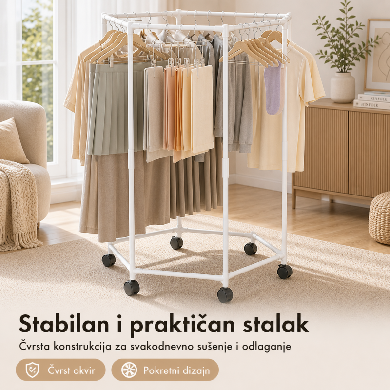 Pokretni stalak za odeću i sušenje – Beli heksagon organizer na točkićima