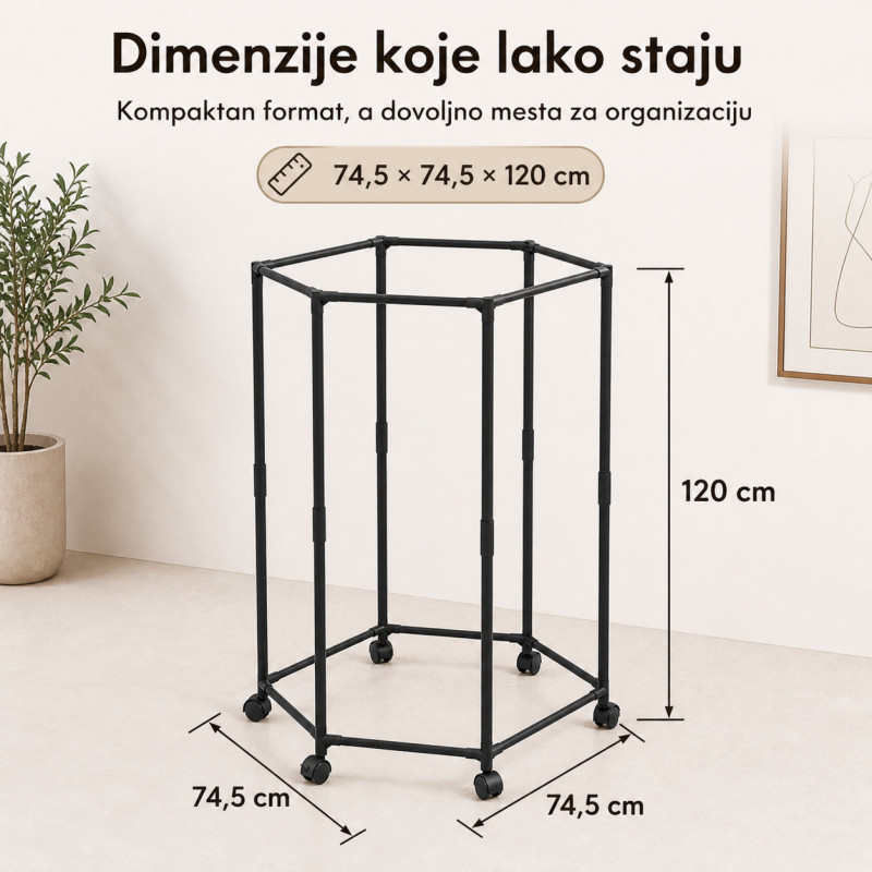 Pokretni stalak za odeću i sušenje – Crni heksagon organizer na točkićima